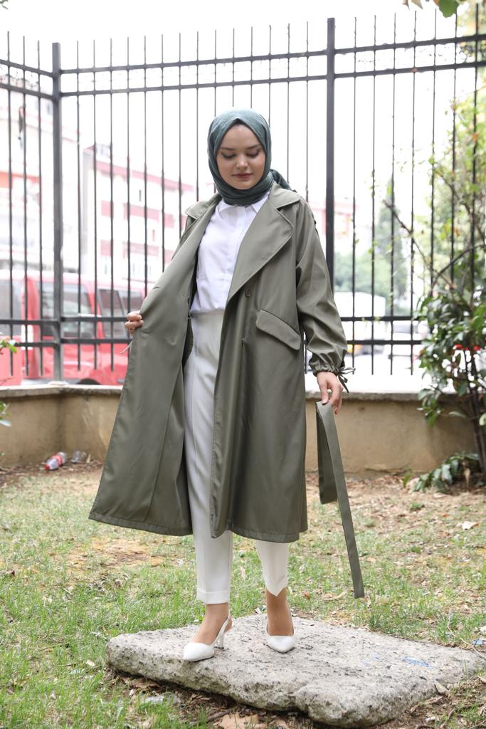 Oversized Trench with Tie Sleeves Green
