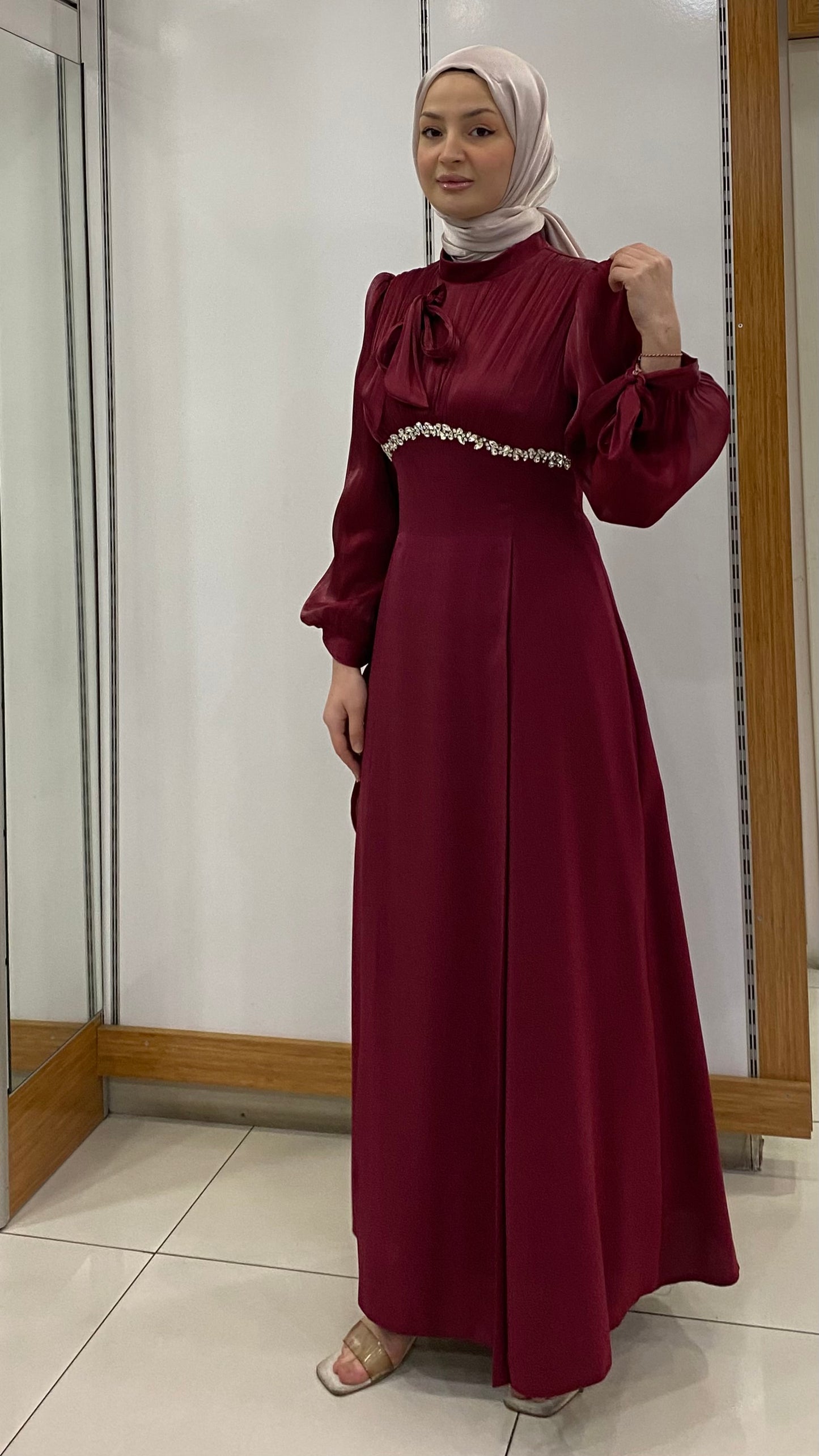 Beli Taş tasarımlı Fenomen Abiye Bordo