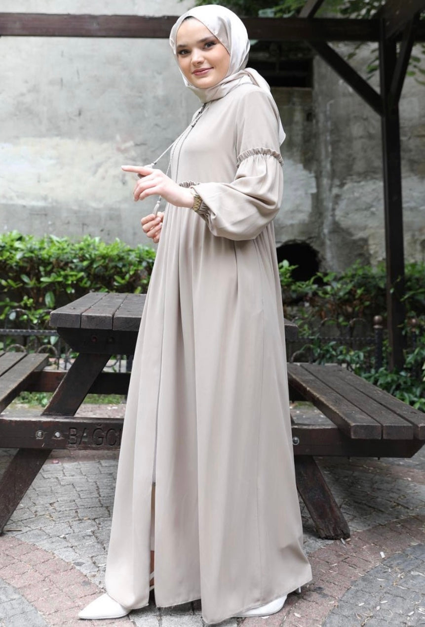 Ruffle Detailed Abaya Beige