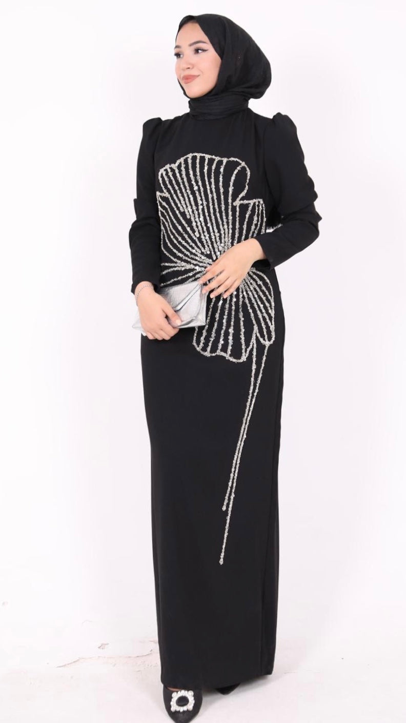 Nursema Model Yaprak Desenli Abiye Siyah