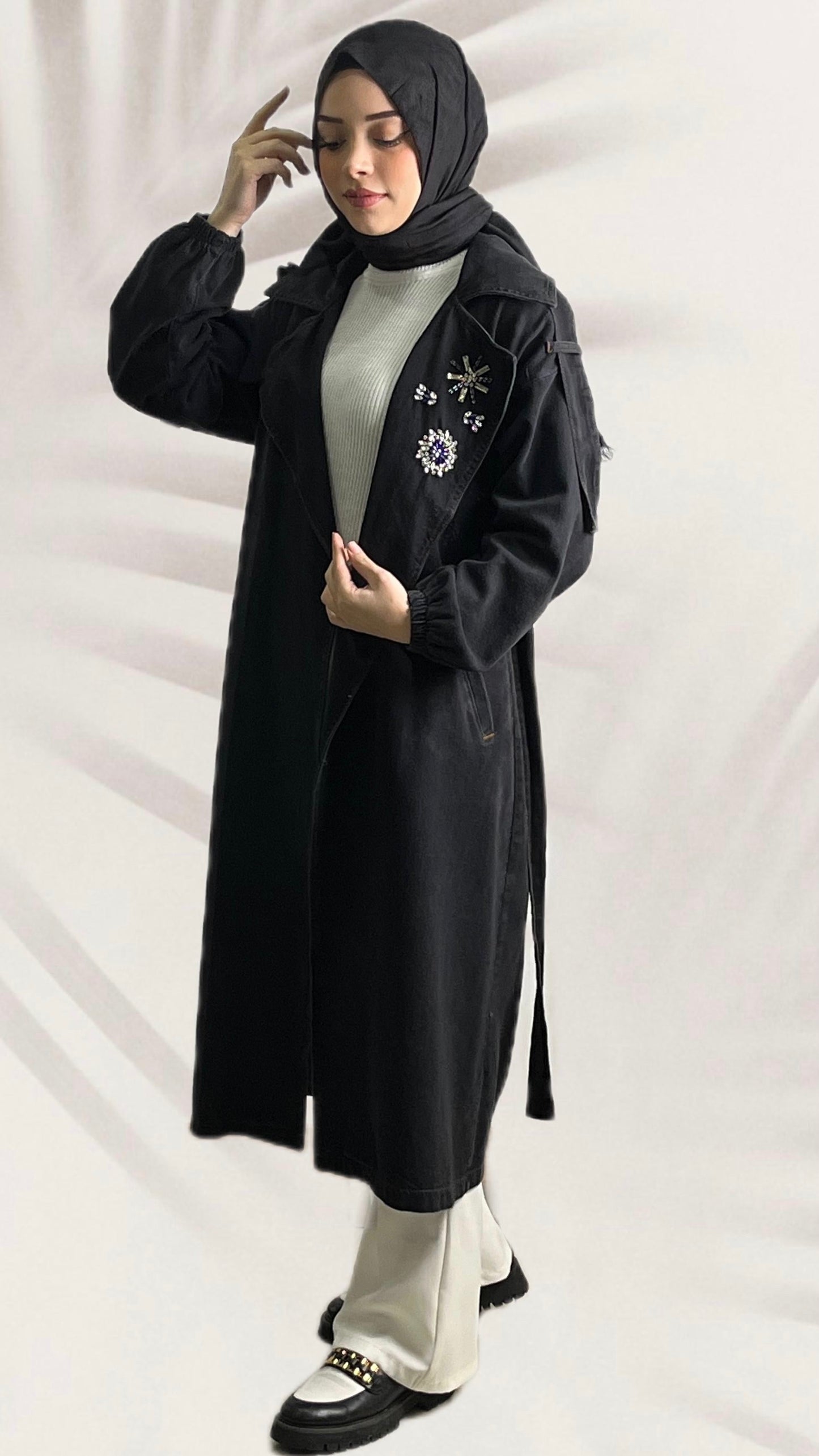 Apeletli Yaka Taşlı Kot Kap Siyah