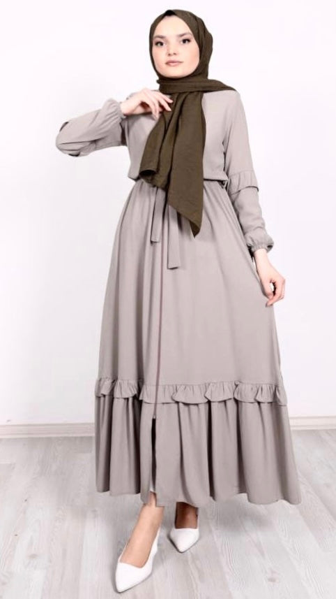 Abaya with Frilled Skirt and Sleeves Beige