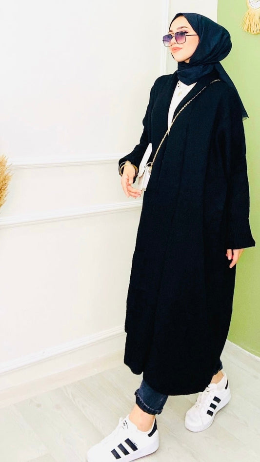 Düğmesiz Tam Boy Hırka Siyah