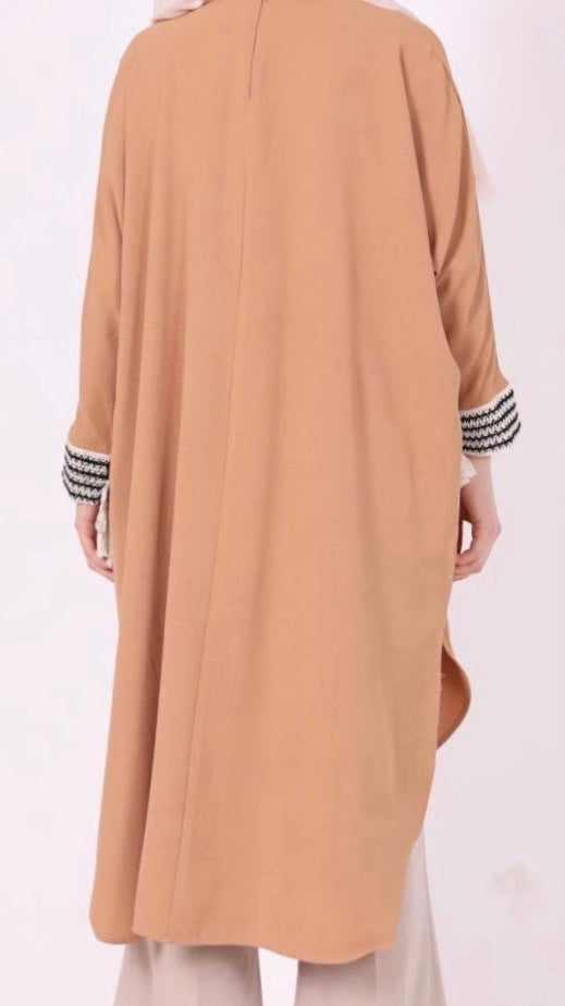 Dantel İşlemeli Püskül Detaylı Uzun Tunik Camel
