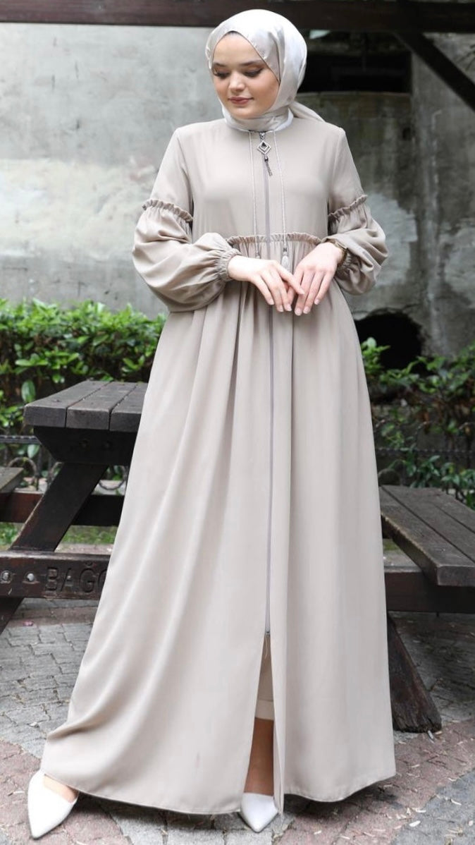 Ruffle Detailed Abaya Beige