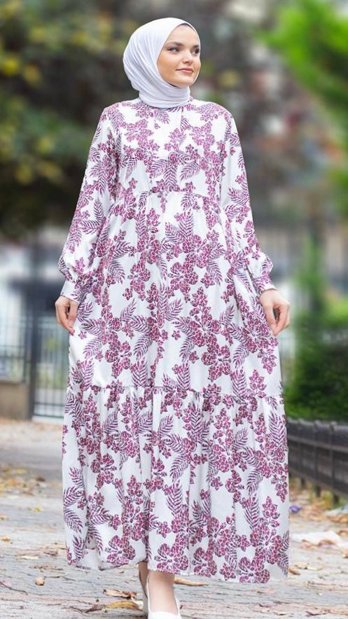 Yaprak Desenli Astarlı Saten Elbise Pembe