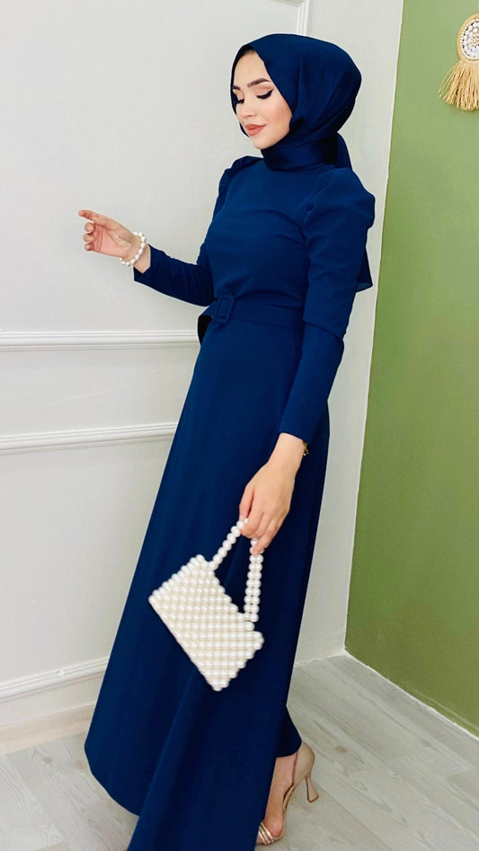 Belted Balloon Sleeve Crepe Dress Navy Blue