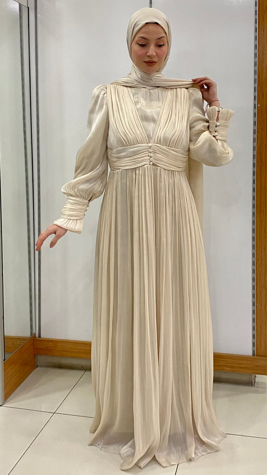 Önü Düğme Detaylı Kolu Manşetli Abiye Bej