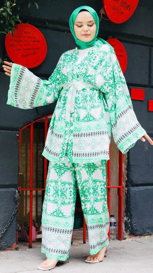 Desenli Kuşaklı Kimono Takım Yeşil
