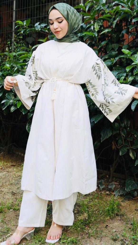 Kolları Desenli Kuşaklı Kimono Takım