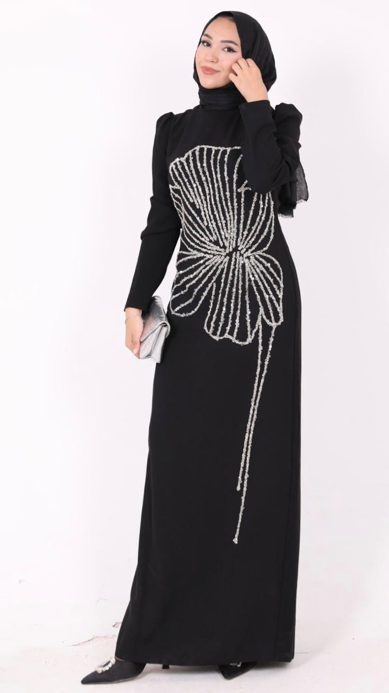Nursema Model Yaprak Desenli Abiye Siyah