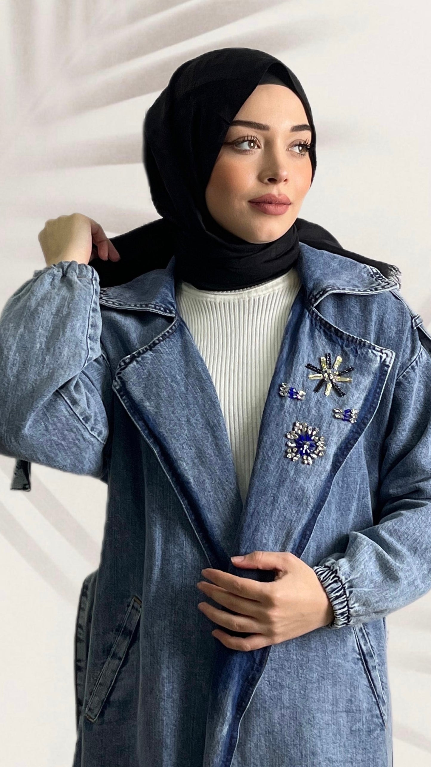 Apeletli Yaka Taşlı Kot Kap Mavi