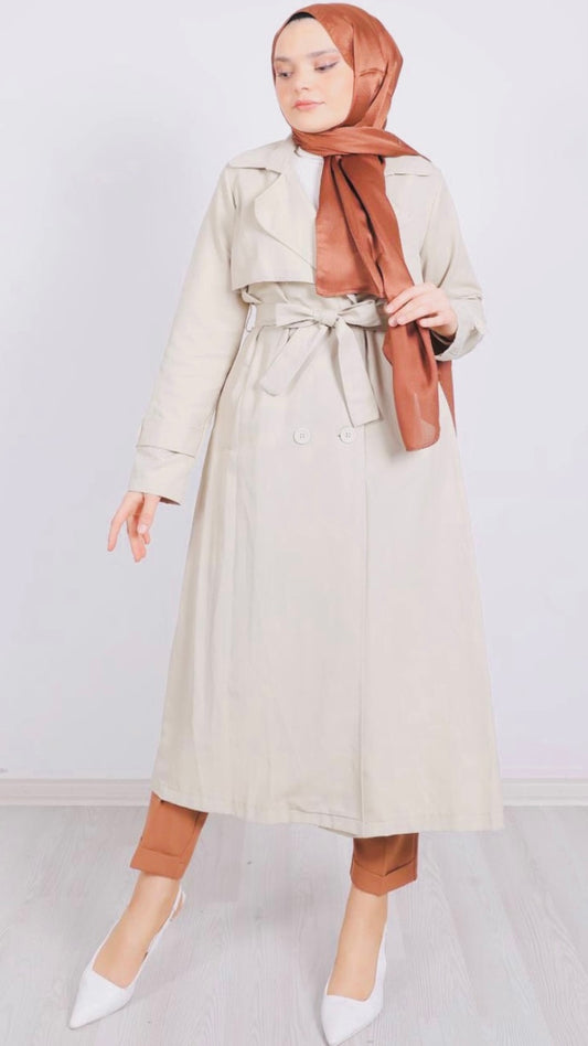 Button and Waist Lace Trench Beige