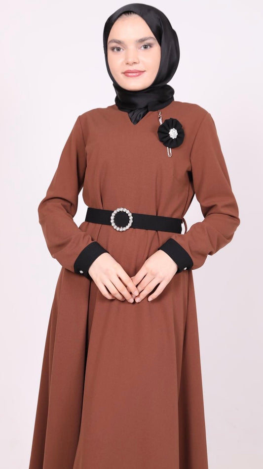 Rose Bronze Belted Dress Brown