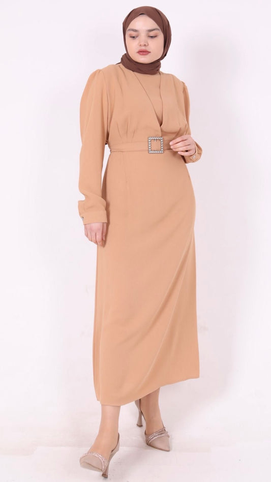 Kemerli Kalem Elbise Camel