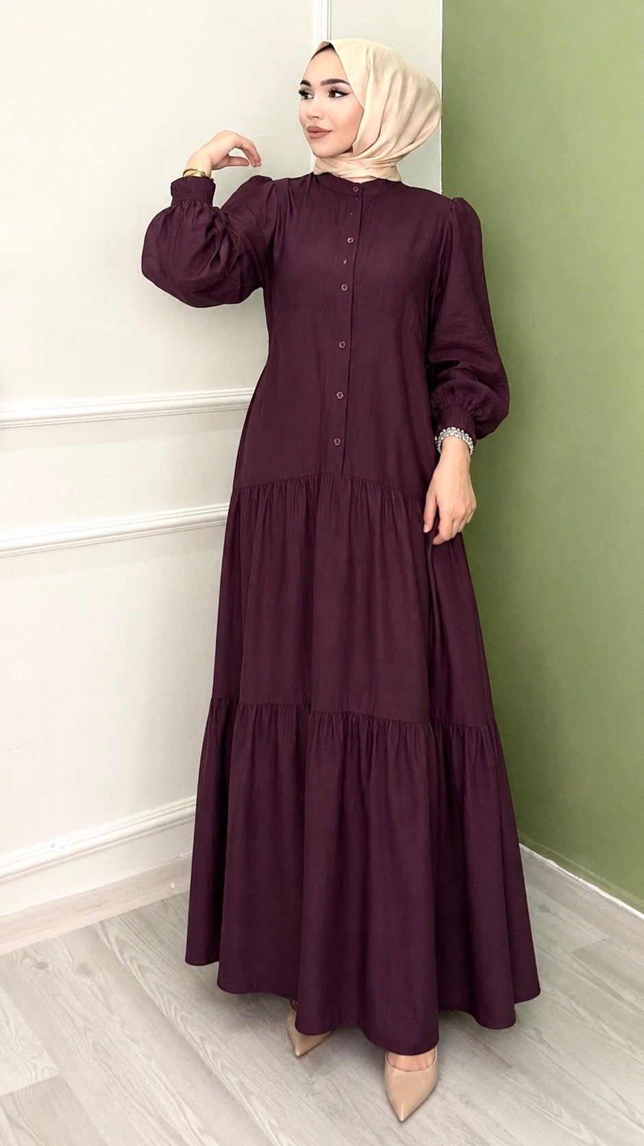 Önü Düğmeli Salaş Model Elbise Mürdüm