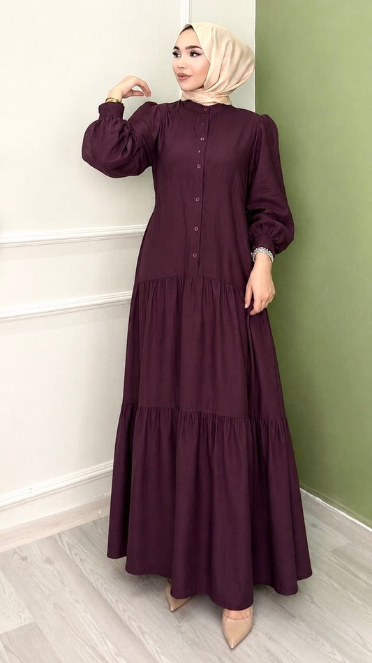 Önü Düğmeli Salaş Model Elbise Mürdüm