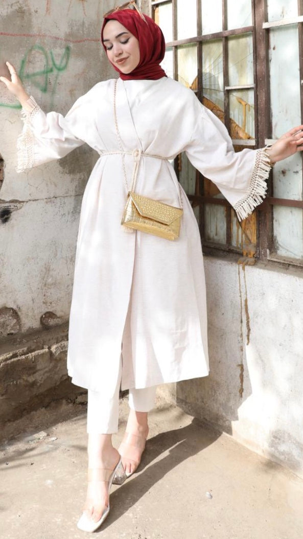 Kolları Püskül Detaylı Kimono Bej