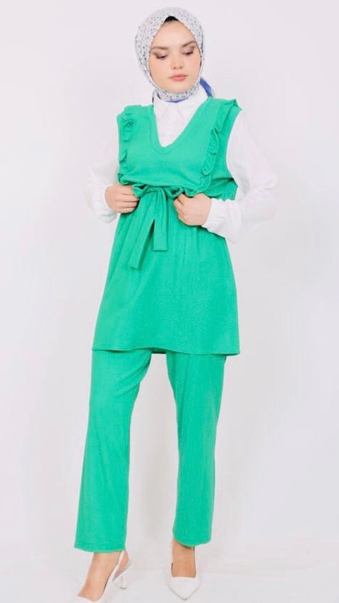 Frilly Front Shirt Detailed Suit Green