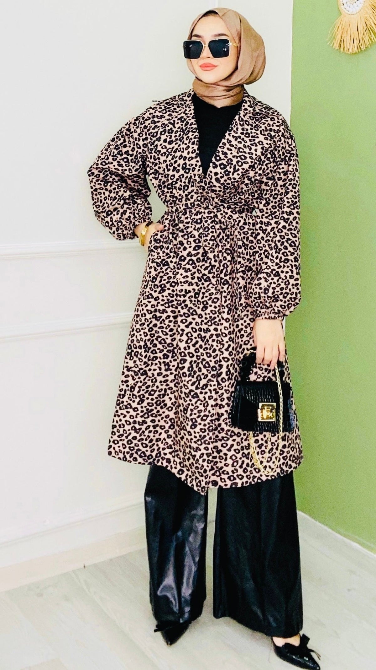 Leopar Desenli Kuşaklı Trenç Kahve