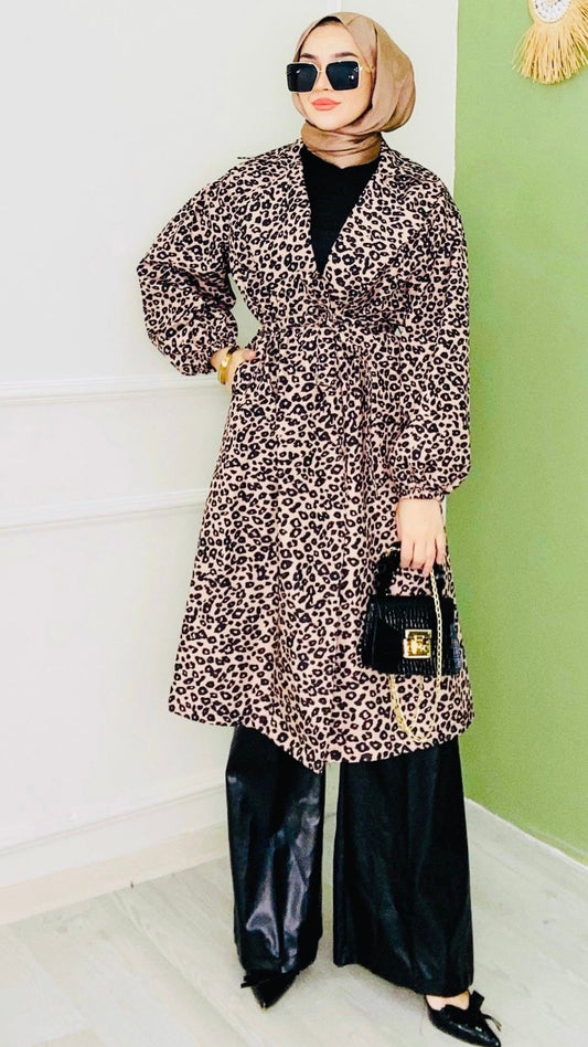 Leopar Desenli Kuşaklı Trenç Kahve