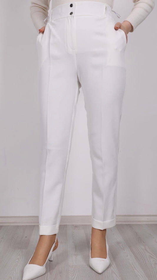 Double Paça Pantolon Beyaz