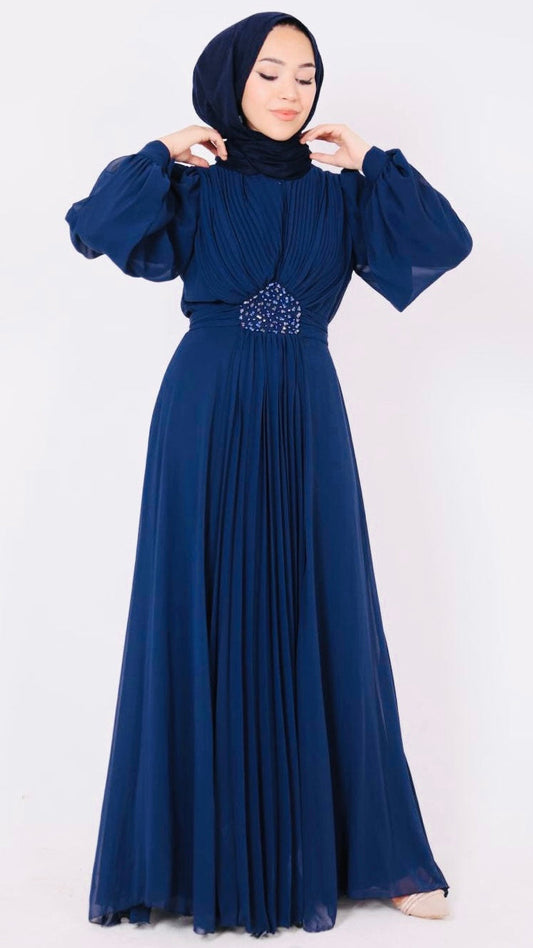 Önü Taş Tasarımlı Piliseli Abiye Lacivert