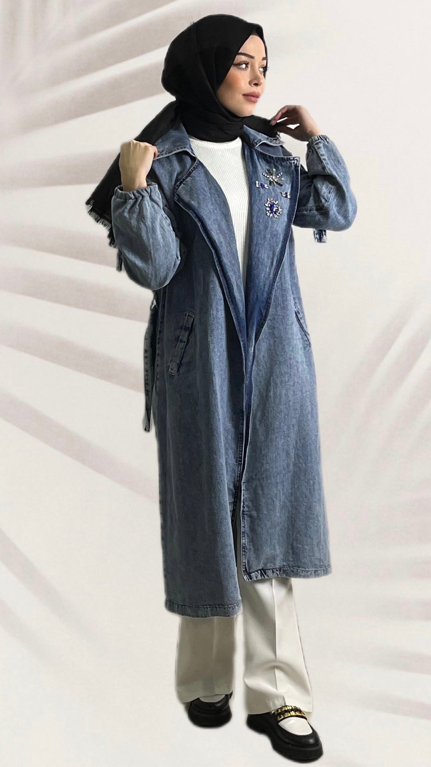 Apeletli Yaka Taşlı Kot Kap Mavi