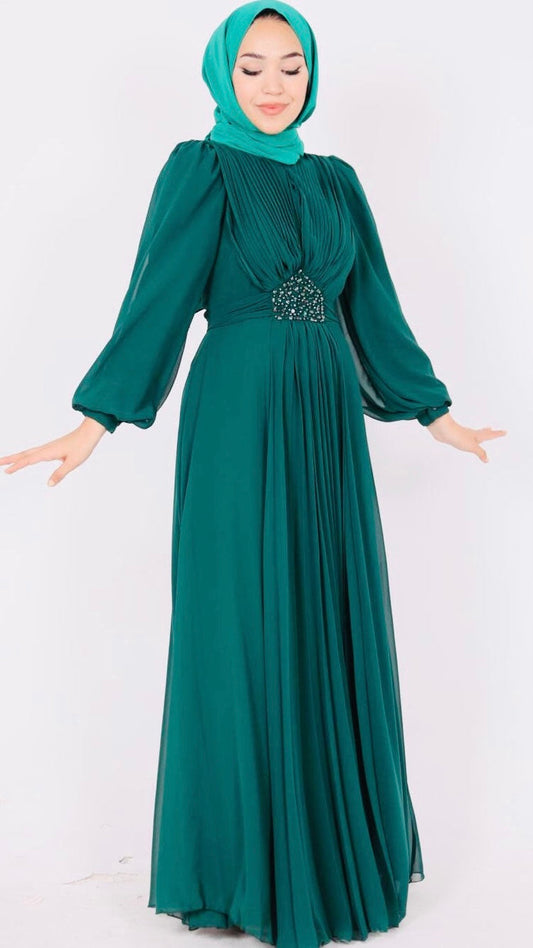 Önü Taş Tasarımlı Piliseli Abiye Yeşil