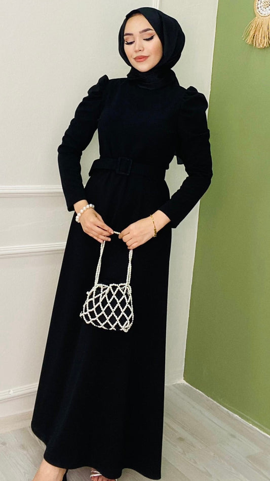Belted Balloon Sleeve Crepe Dress Black