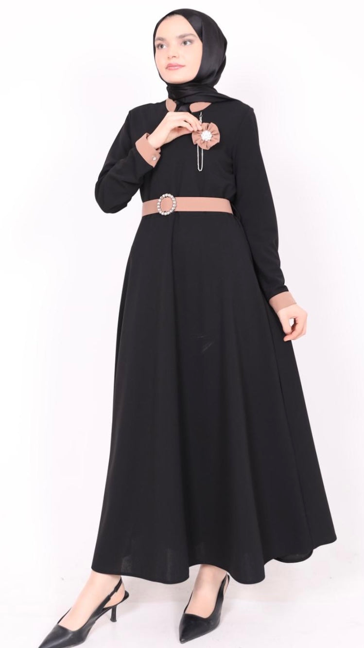 Rose Bronze Belted Dress Black