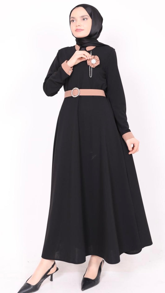 Rose Bronze Belted Dress Black