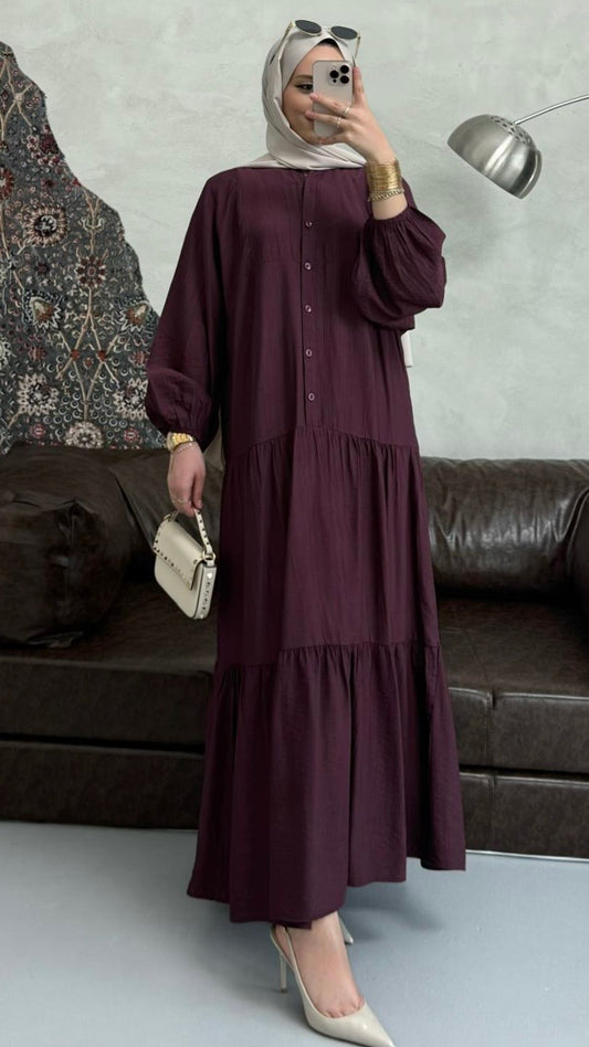 Önü Düğmeli Salaş Model Elbise Mürdüm