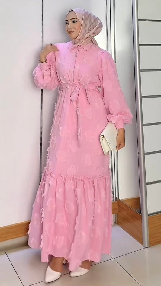 Önü Düğmeli Kuşaklı Balon Kol Elbise Pembe