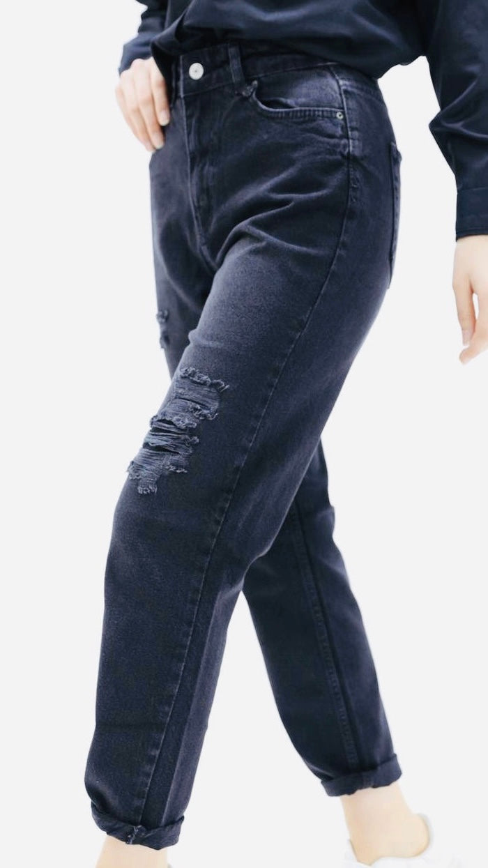 Mom Jean Trousers with Slits at the Knees Black