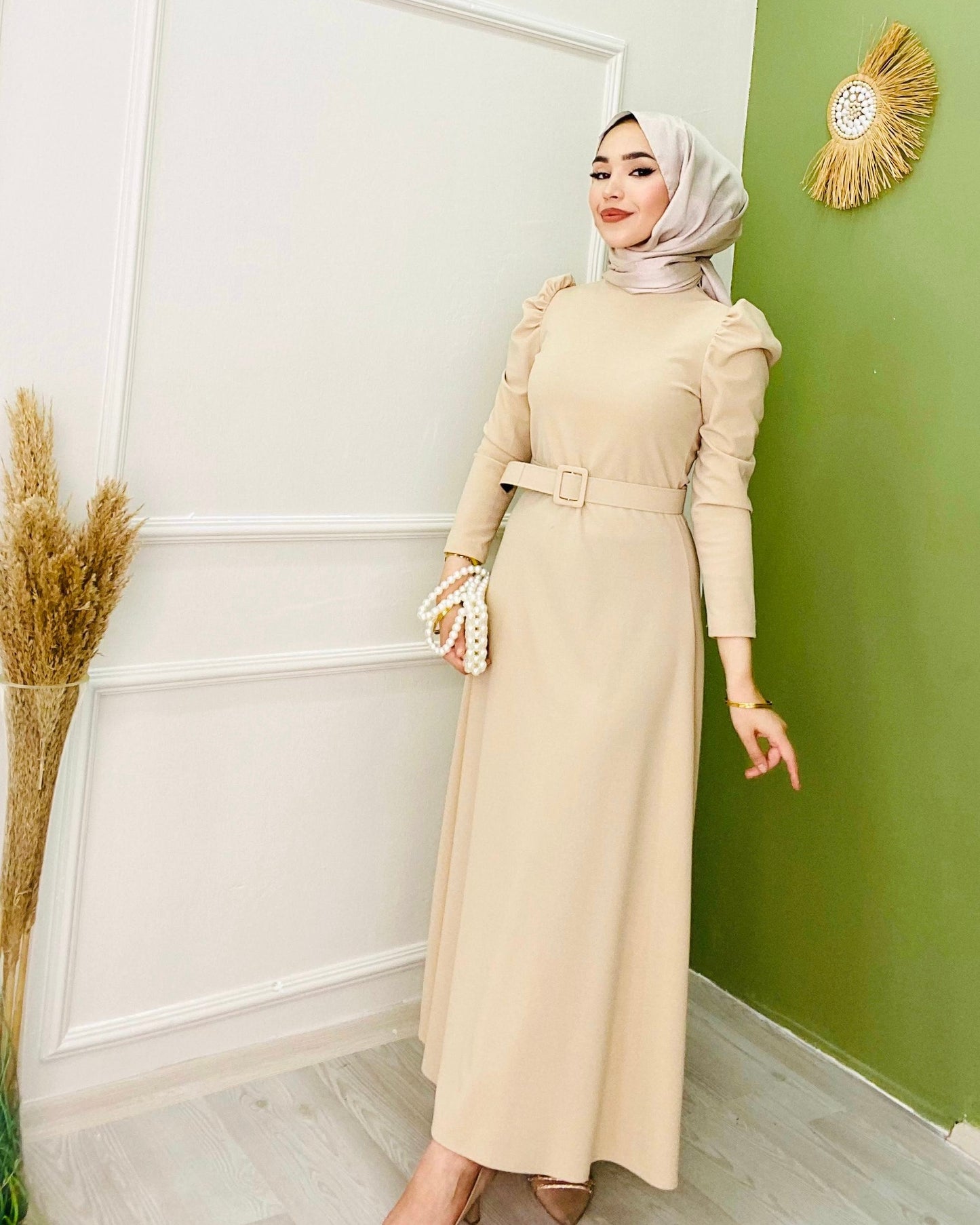 Belted Balloon Sleeve Crepe Dress Beige