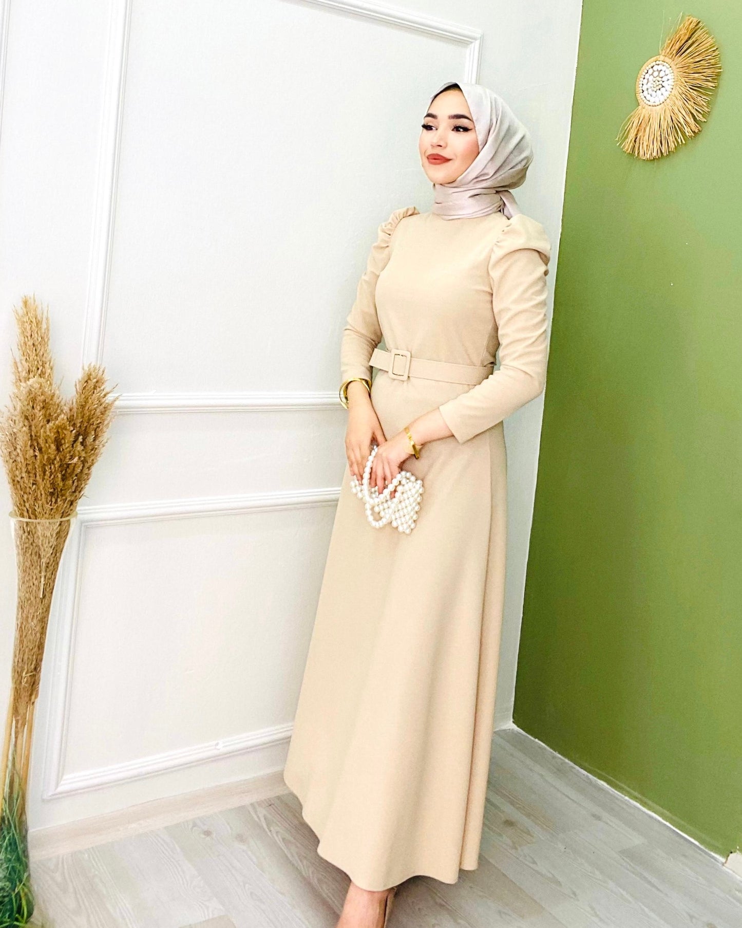 Belted Balloon Sleeve Crepe Dress Beige