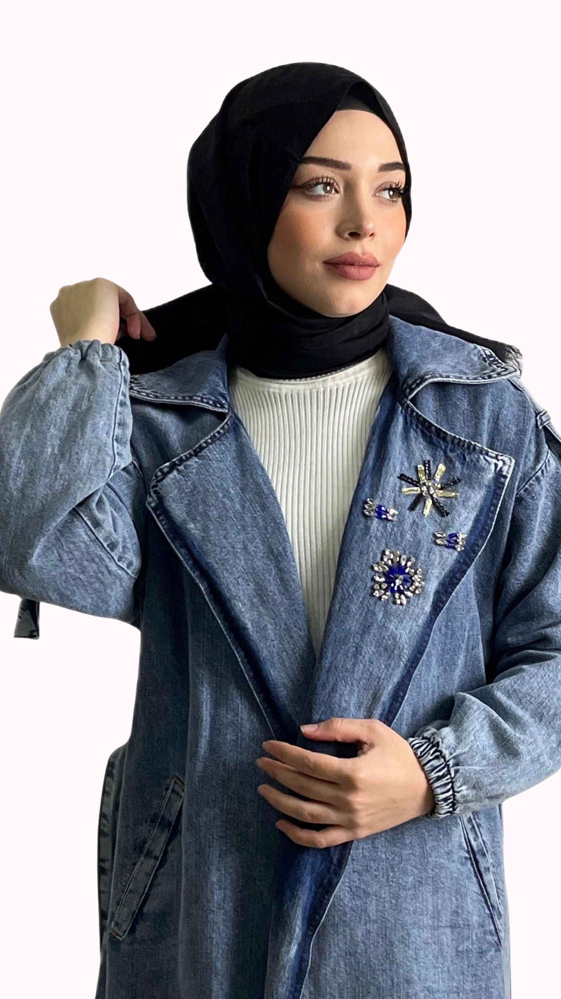 Yakası Özel Tasarımlı Kot Kap Mavi