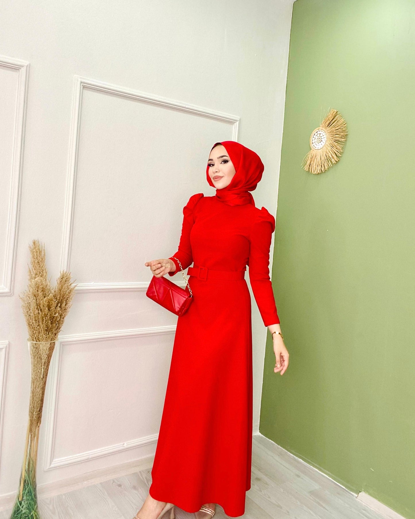 Belted Balloon Sleeve Crepe Dress Red