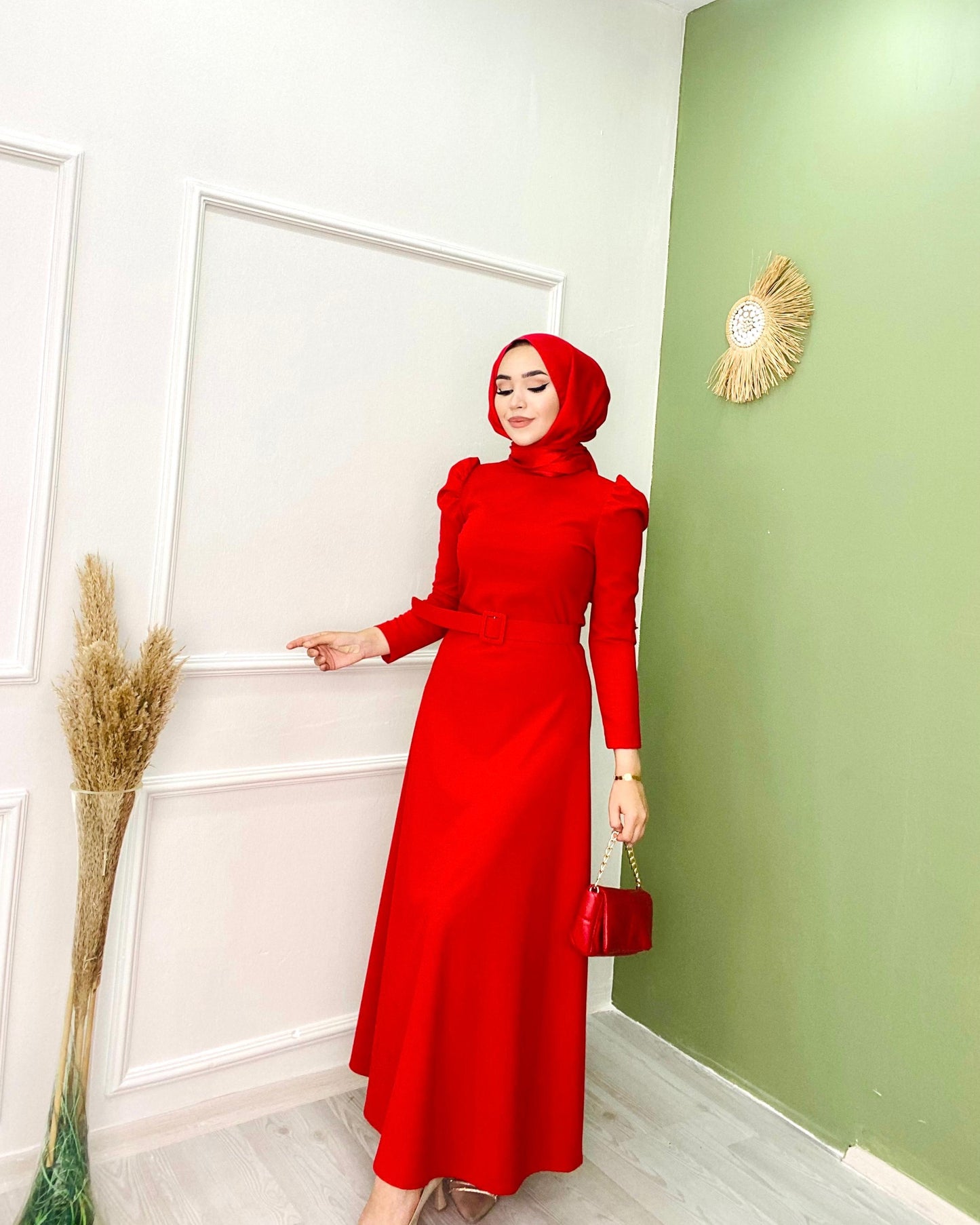 Belted Balloon Sleeve Crepe Dress Red