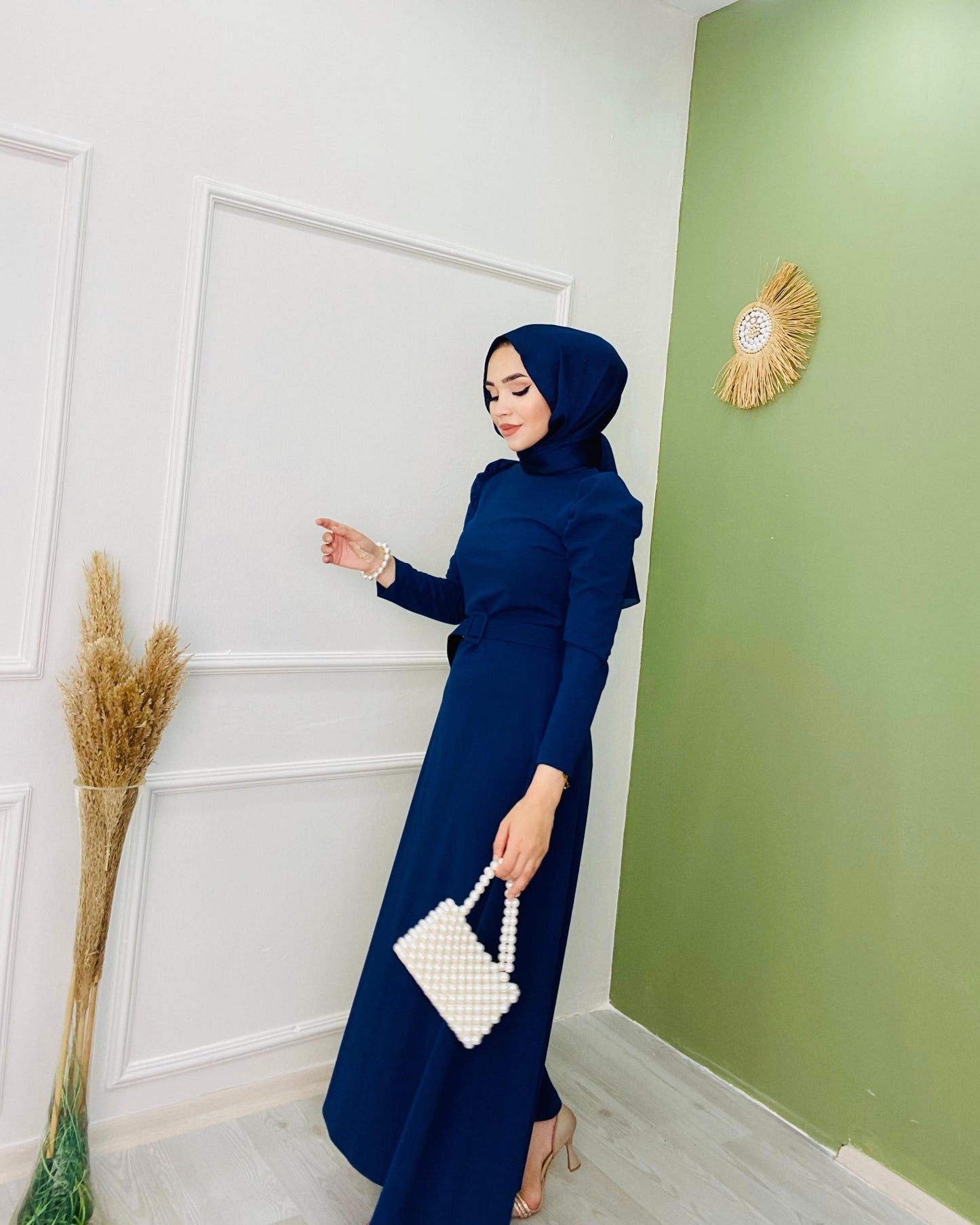 Belted Balloon Sleeve Crepe Dress Navy Blue