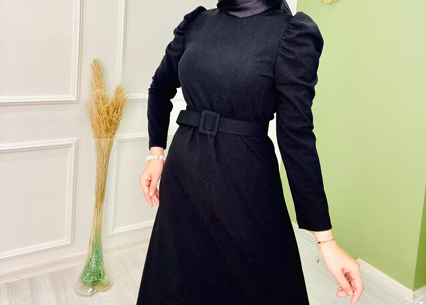 Belted Balloon Sleeve Crepe Dress Black