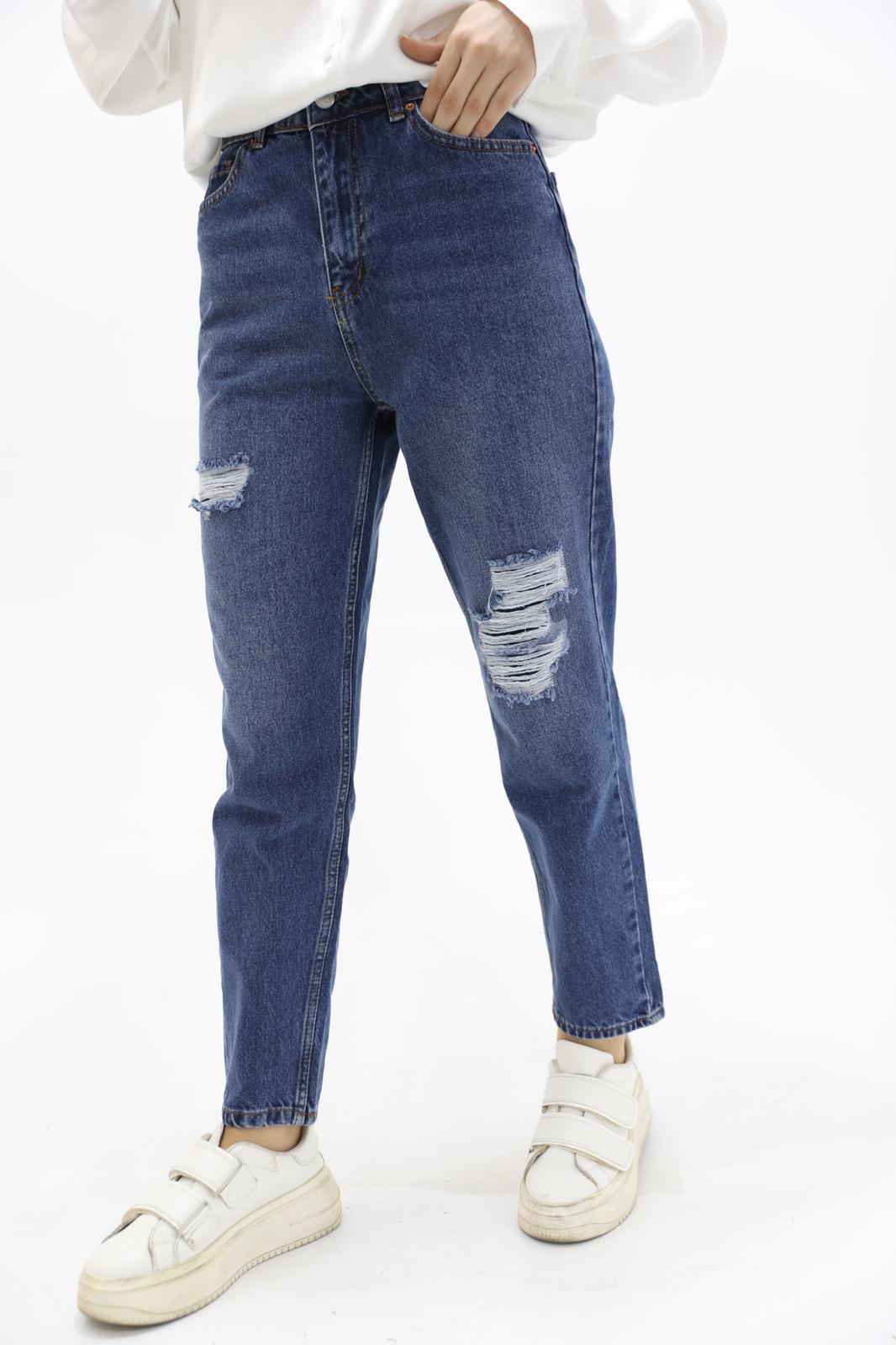 Mom Jean Trousers with Slits at the Knees Blue