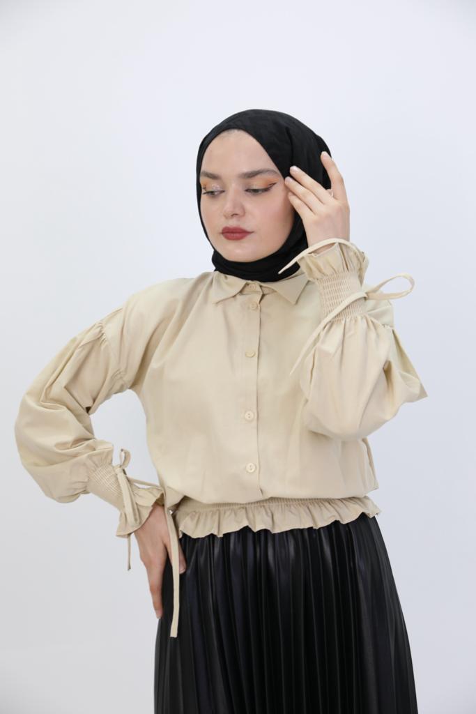 Sleeve and Waist Gathered Blouse Beige