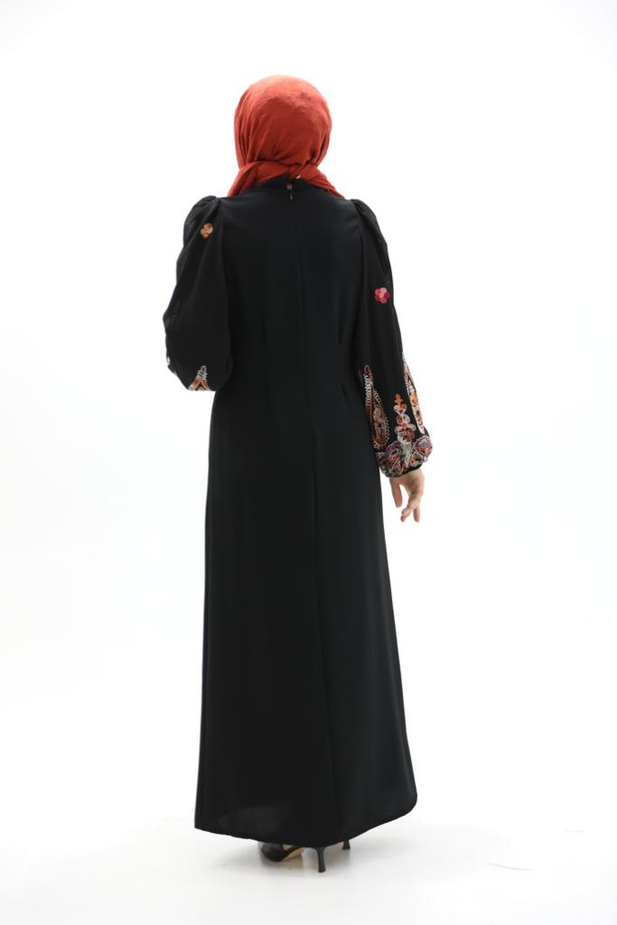 Waist-Tied Crepe Dress with Embroidered Sleeves