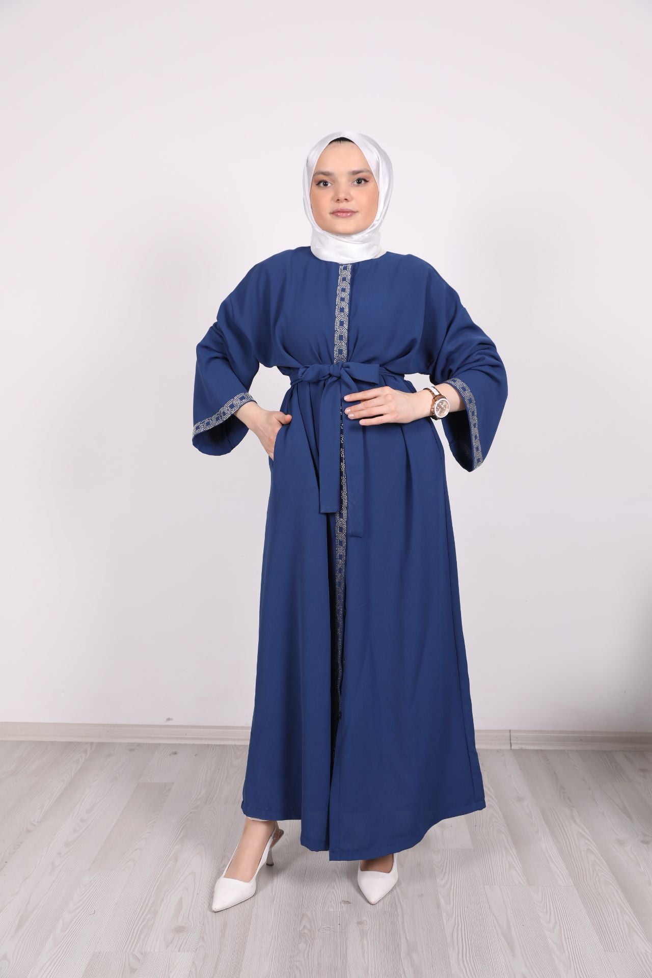 Taş İşlemeli Abaya Mavi