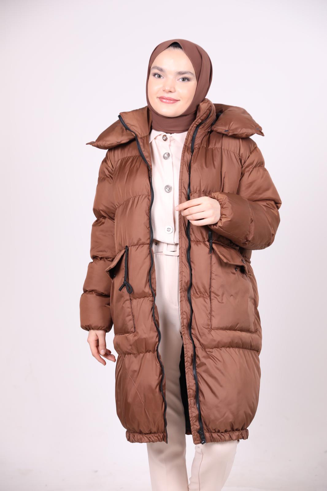 Puffer Jacket with Elastic Skirt Brown