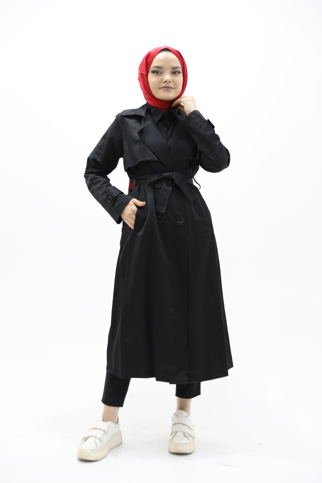Button and Waist Lace Trench Black