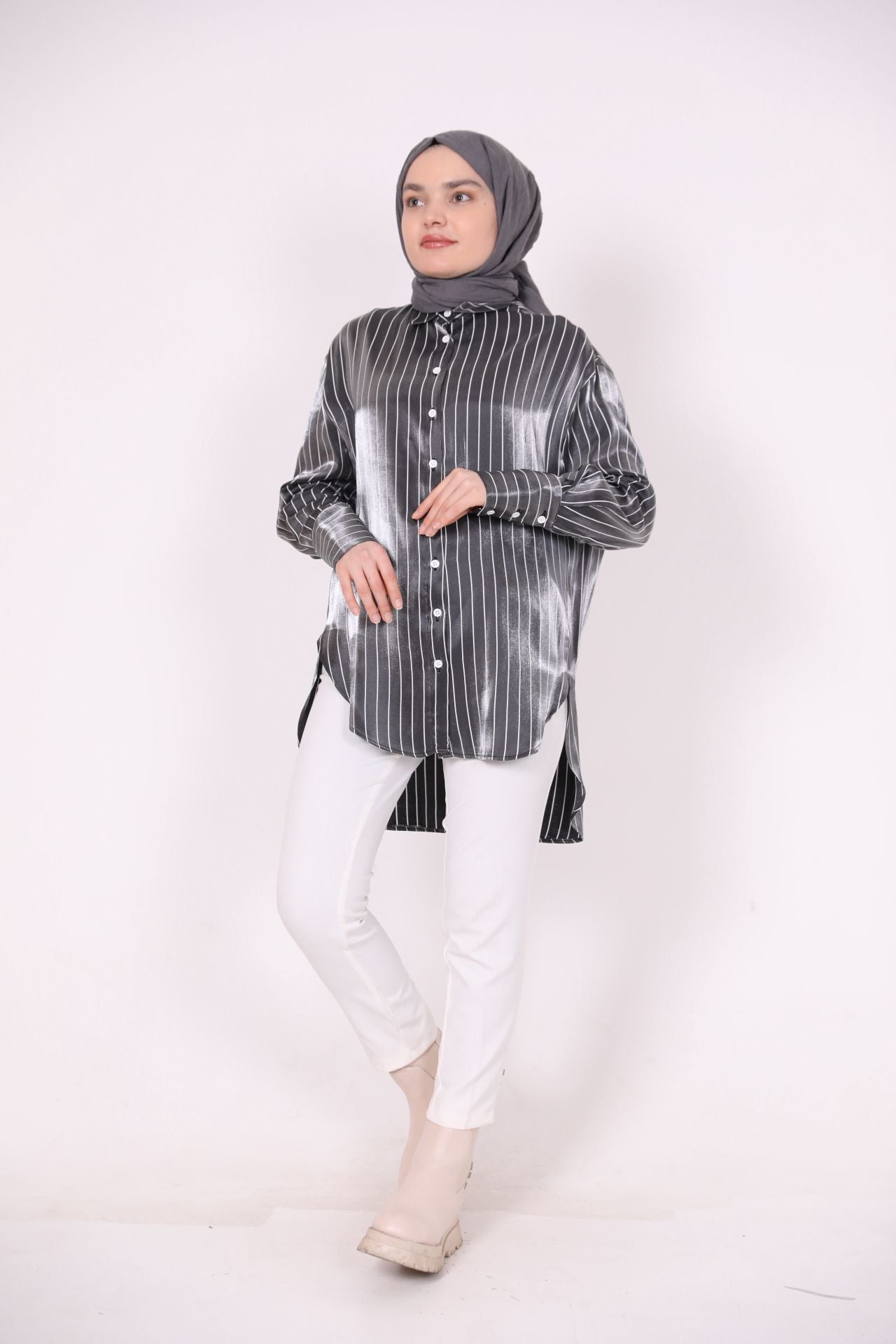 Striped Satin Shirt Black