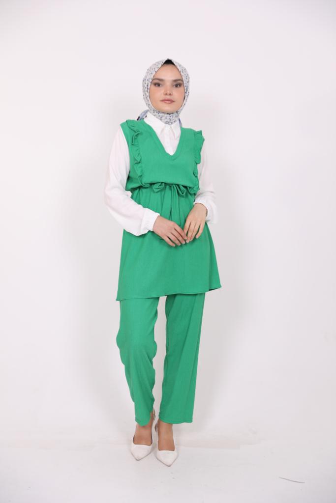 Frilly Front Shirt Detailed Suit Green